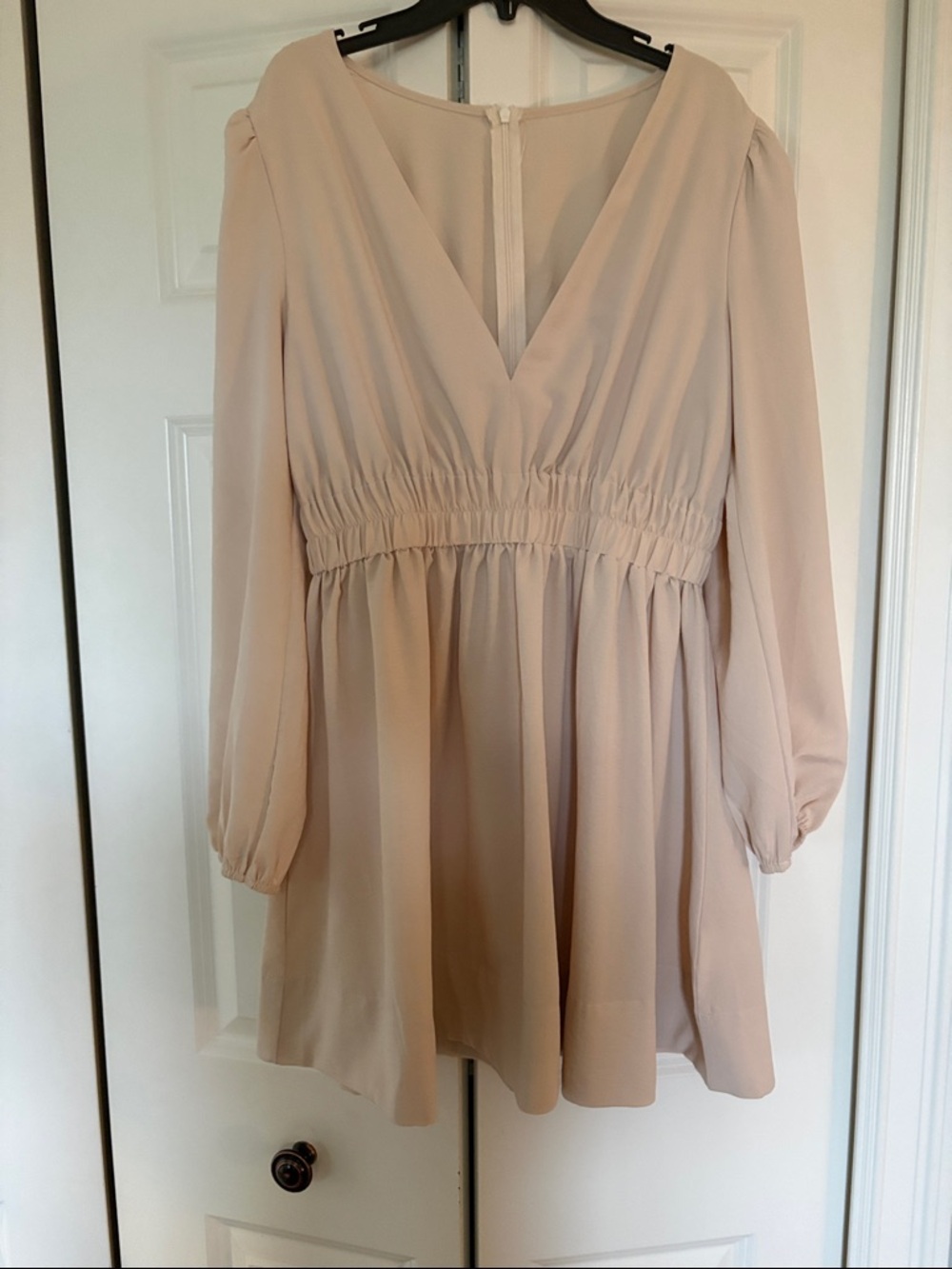 Chiffon V-Neck Mini Dress in Nude - Long Sleeve, Pleated Waist